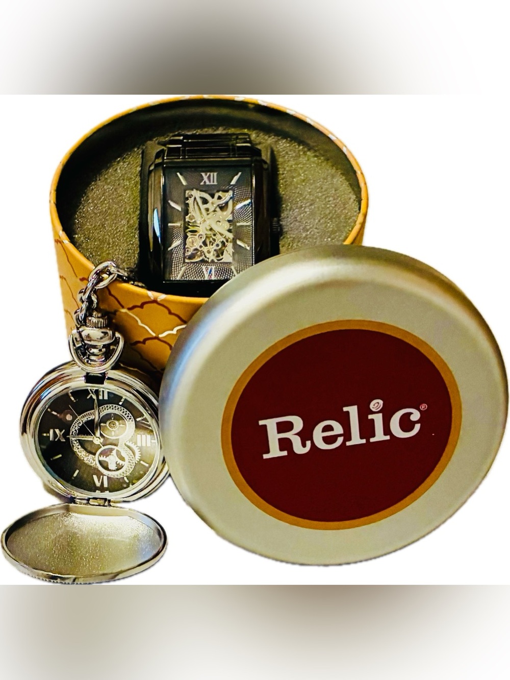 Relic by Fossil Rectangular Skeleton Dial Men’s Watch with Silver Pocket Watch